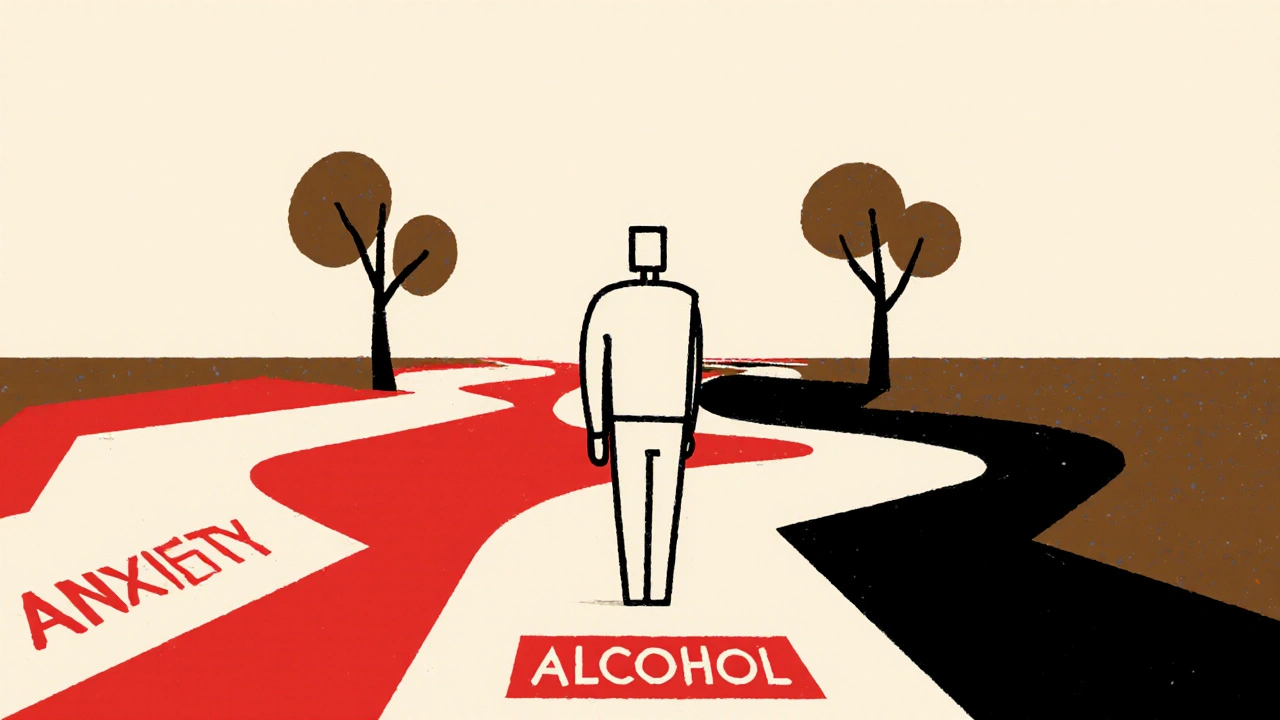 A therapist guiding two paths of anxiety and alcohol into one unified recovery path, rendered in De Stijl style.