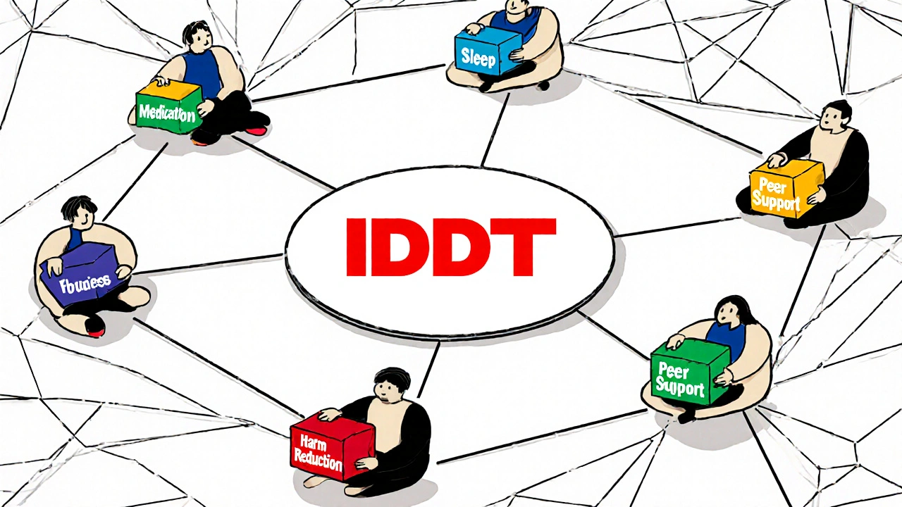 Abstract figures connected by lines to form a web of support around a central IDDT circle in primary colors.