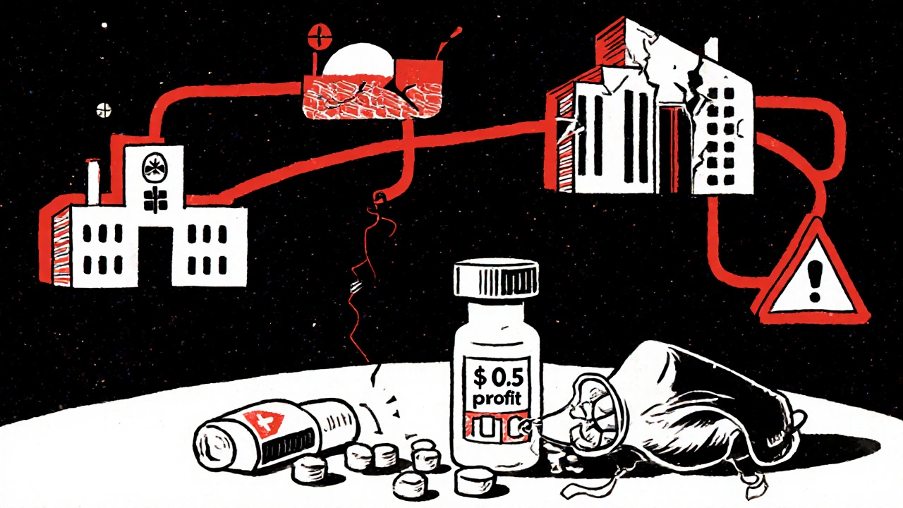 Broken supply chain lines connecting factories to hospital, a cracked antibiotic vial on the floor.