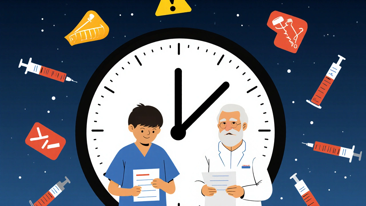 Child and elderly patient holding blank prescriptions, clock made of syringes ticks down, medical errors float around.