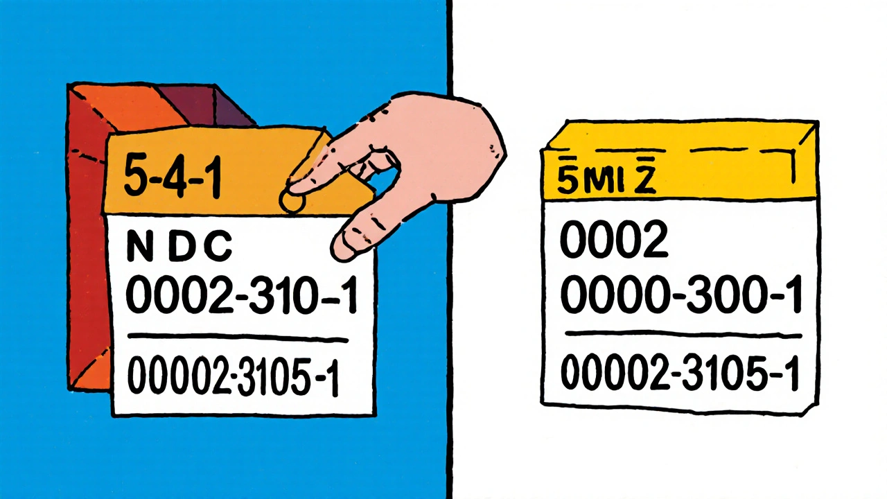 Conversion of 5-4-1 NDC to 5-4-2 format with floating geometric hand adding zero.