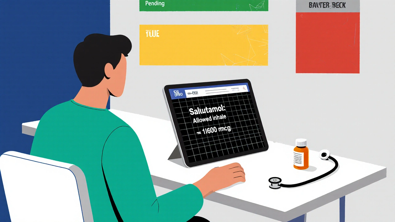 Doctor and athlete reviewing Global DRO results on a tablet, surrounded by color-coded blocks for medication status.