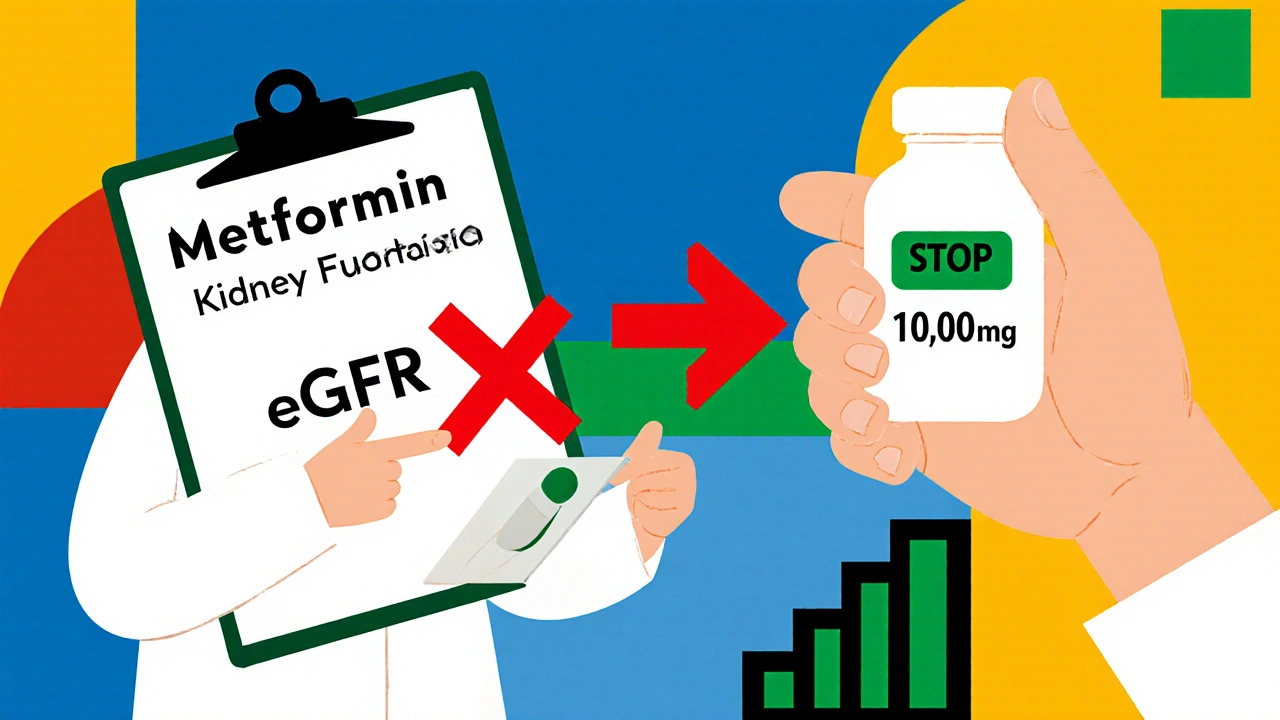 Doctor and patient with eGFR 42, metformin dose adjusted with color-coded guidance