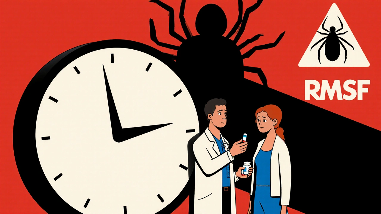 Doctor giving doxycycline capsule to parent as emergency clock ticks toward tick-shaped threat
