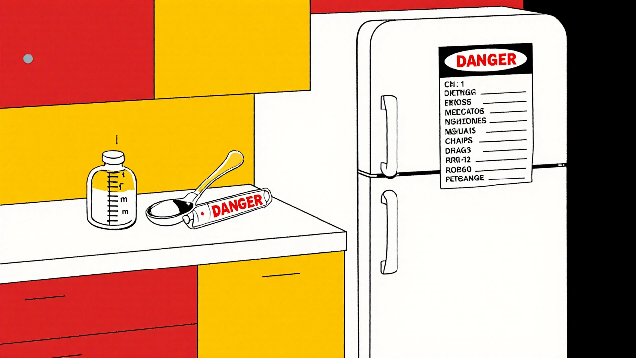 Dosing syringe measuring medicine next to a dangerous kitchen spoon on a counter.