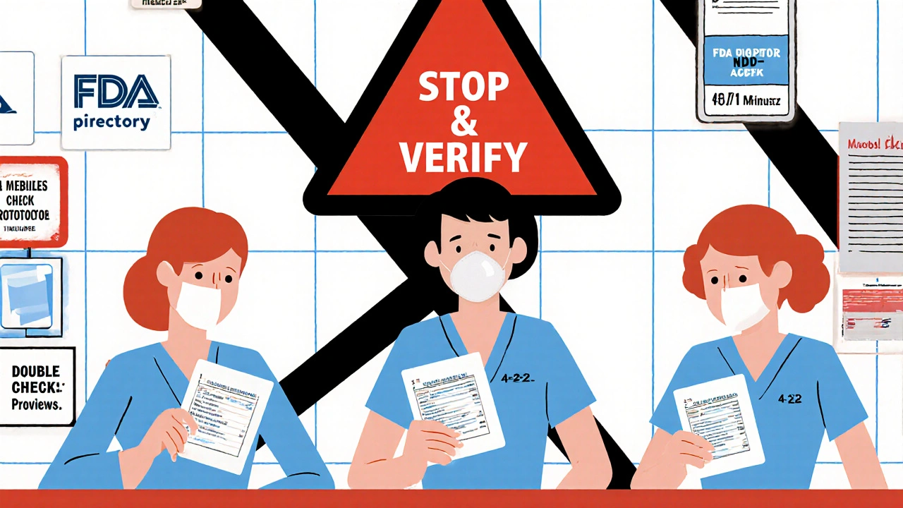 Healthcare workers with NDC format cards and warning triangle above pharmacy counter.