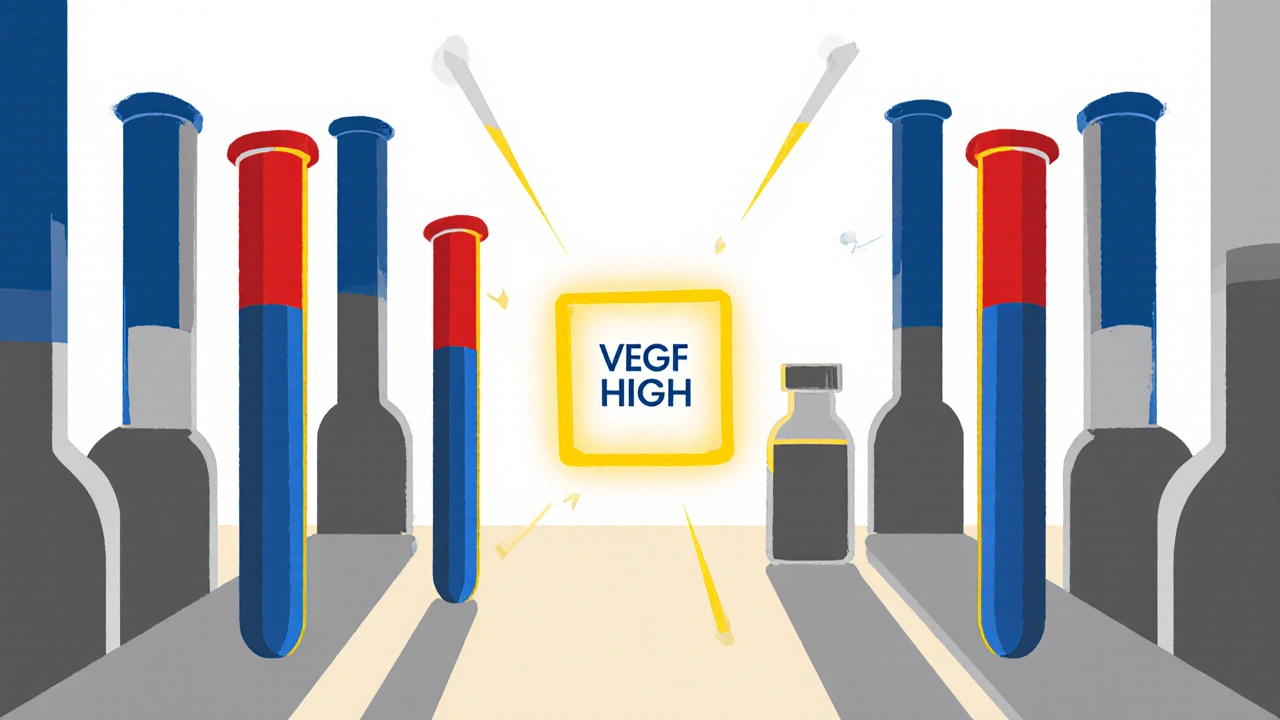 Lab instruments pointing to a biomarker icon in De Stijl abstract style.