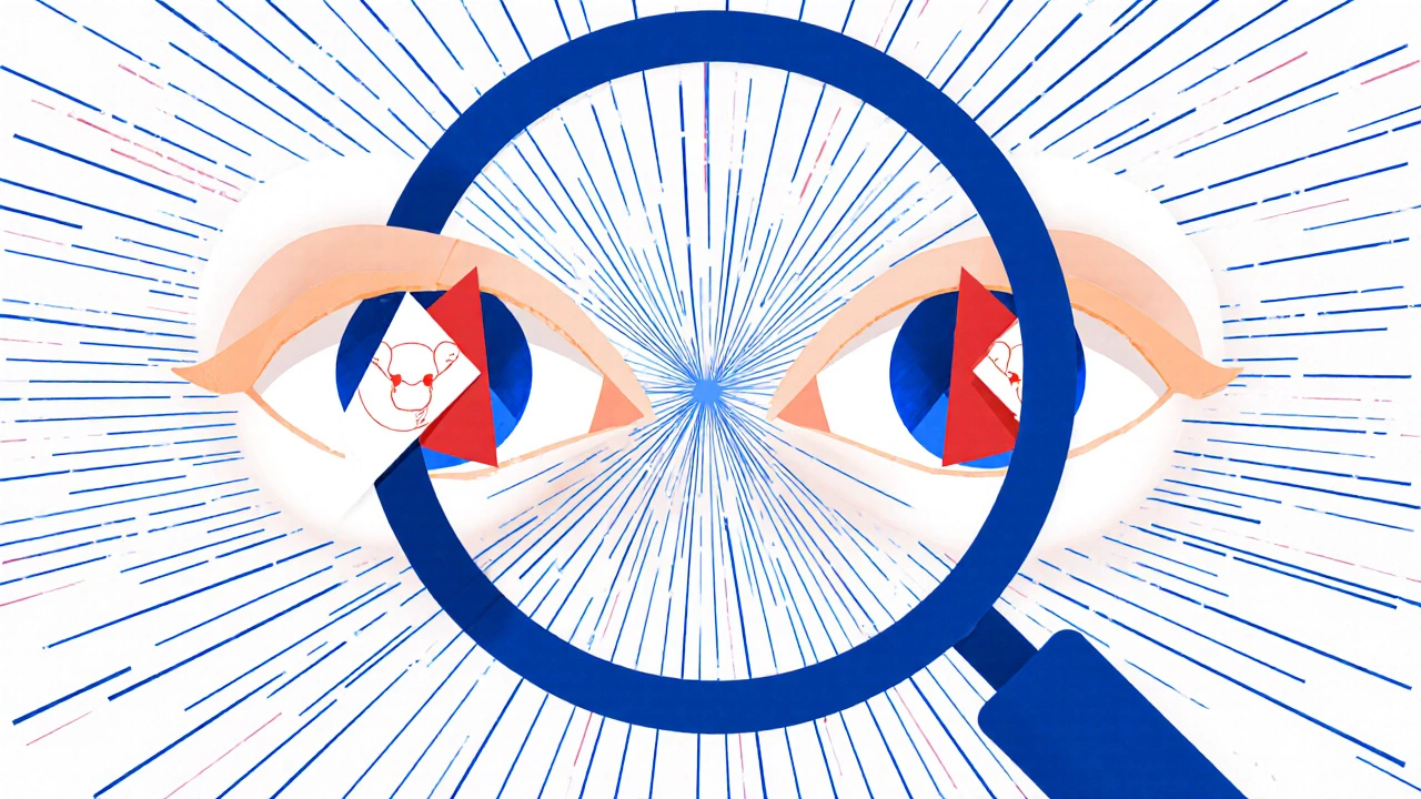 Magnifying glass over eyes with antibody shapes targeting receptor symbols in De Stijl style.