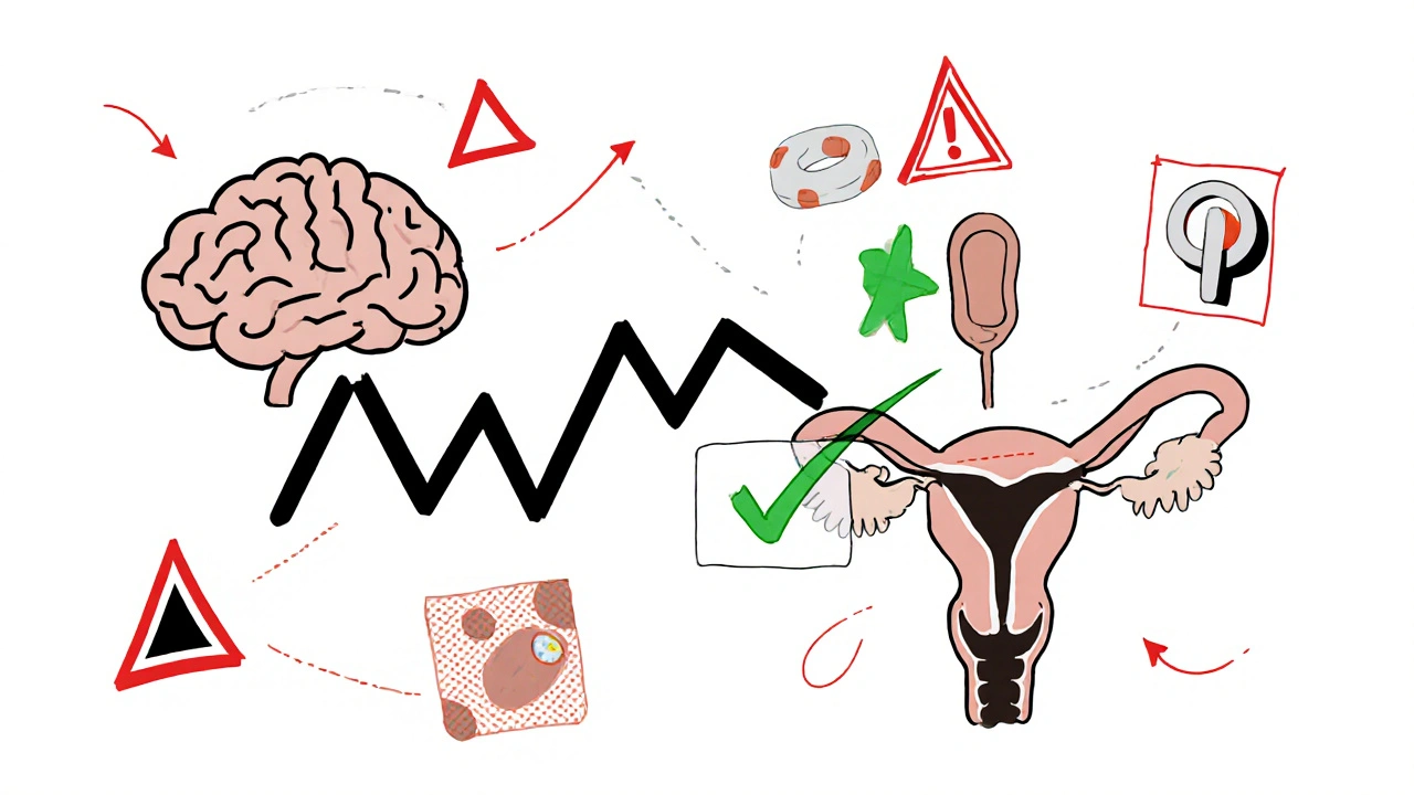 Medical chart showing seizure and pregnancy risks with a safe IUD option highlighted.