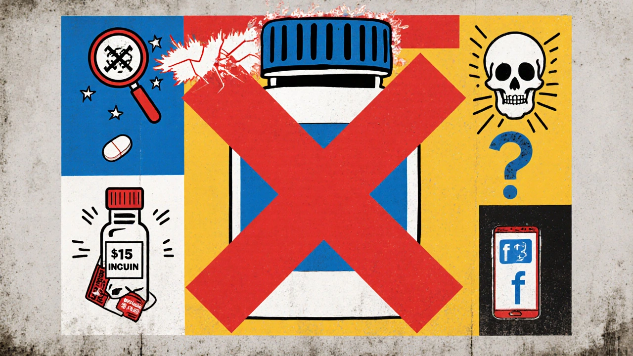 Medical warning poster with five red flags against counterfeit drugs, rendered in geometric De Stijl style.