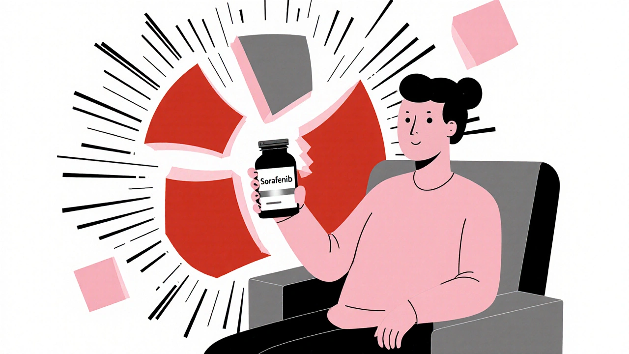 Patient holding sorafenib pill as cancer cells break into colored geometric blocks.