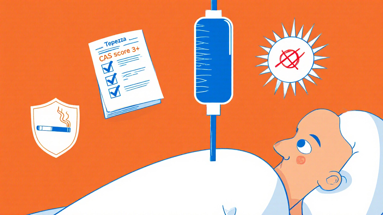 Patient receiving Tepezza infusion with symbolic icons of smoking cessation and CAS score.