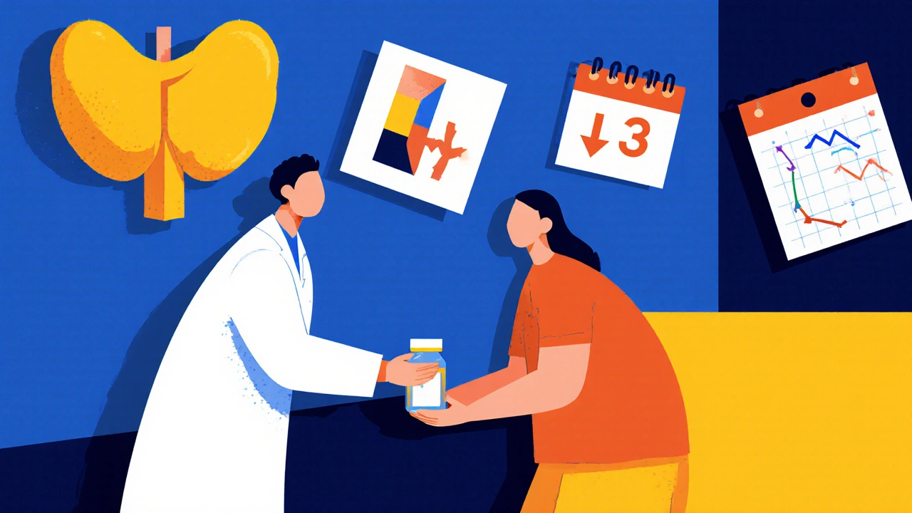 Pharmacist giving pill to patient with floating icons of blood sugar, pancreas, and time.