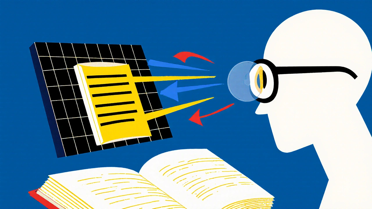 Reading glasses hovering above a book, with magnified text and light paths in bold primary colors.