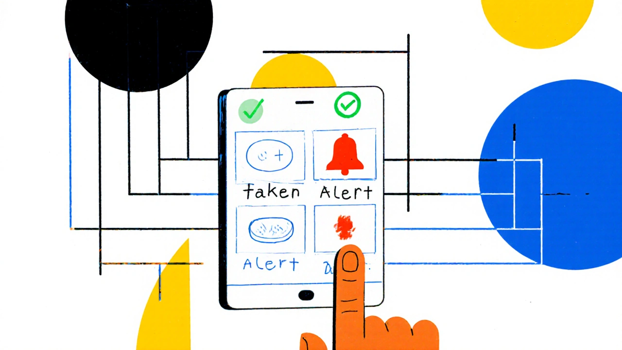 Smartphone app showing medication doses marked as taken or pending with alert indicators.