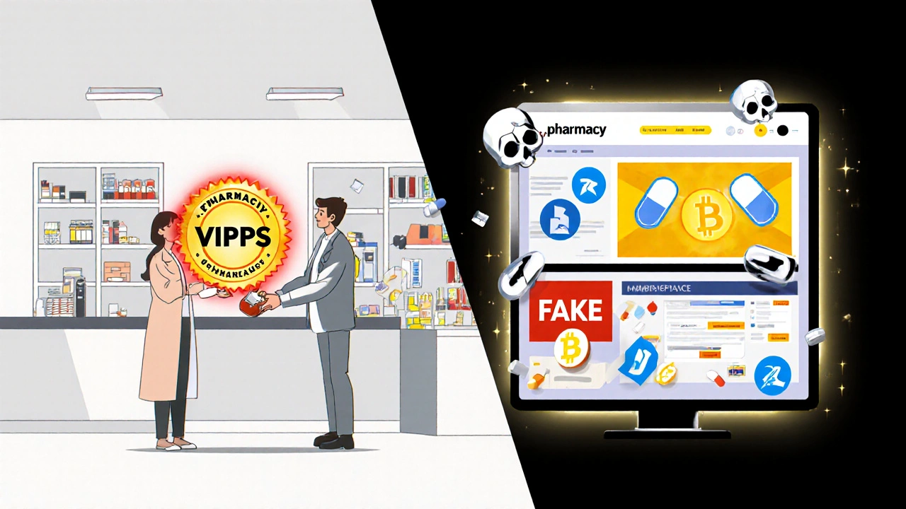 Split scene: legitimate pharmacy vs. chaotic fake online pharmacy with Bitcoin and fake pill icons.