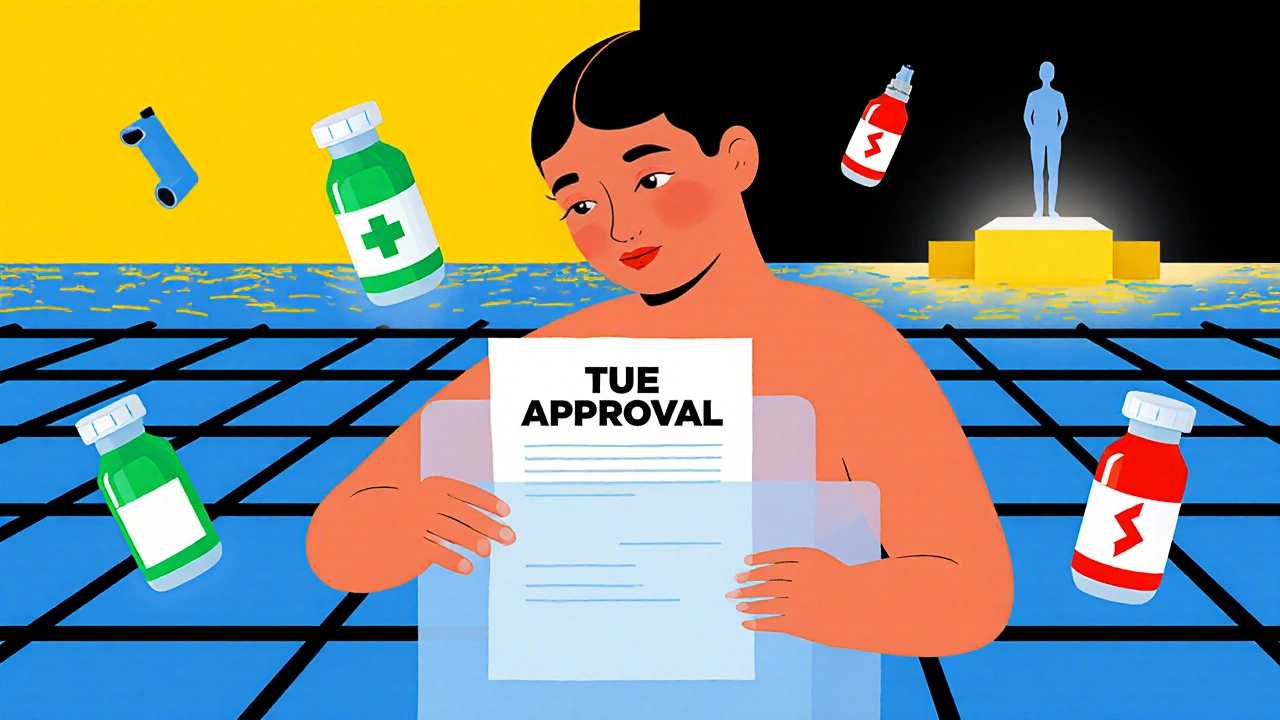 Swimmer placing TUE approval into a folder, with geometric symbols representing permitted and prohibited medications.