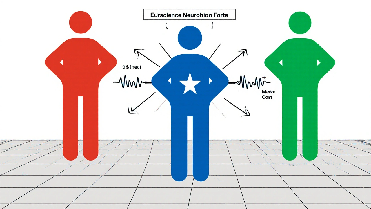 Three abstract vitamin figures emitting shaped pulses toward a central nerve.