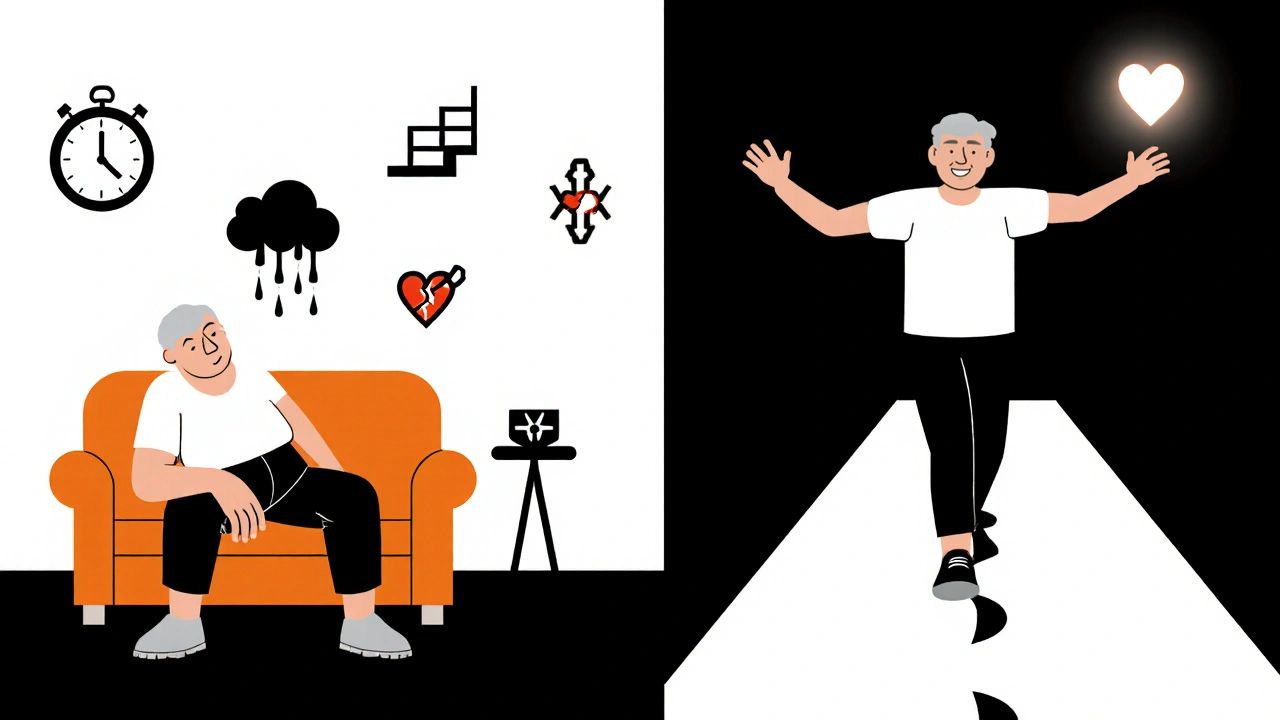 Two contrasting scenes: a fatigued person versus an active one, with heart valve health symbolized through geometric shapes in De Stijl style.