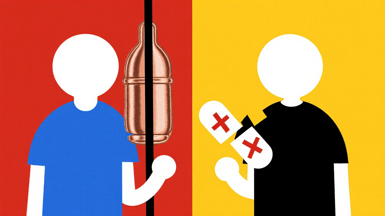 Two figures holding safe and unsafe birth control methods, illustrated in De Stijl style.