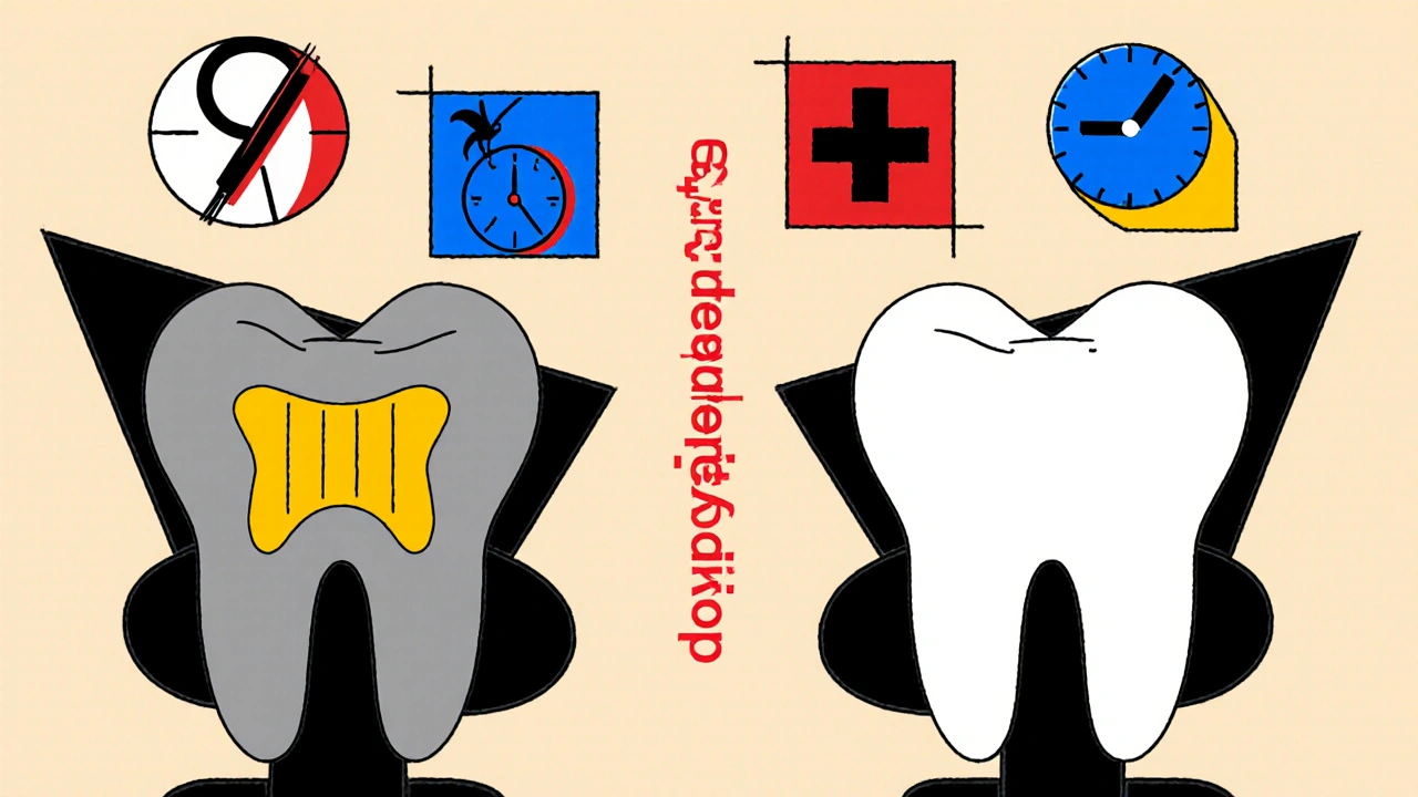 Two sets of teeth contrasted: stained vs. clean, with doxycycline safety icons in abstract shapes