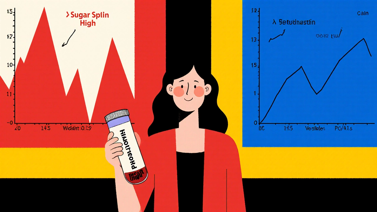 Woman between opposing forces of high prolactin and improved metabolism, styled in De Stijl colors.