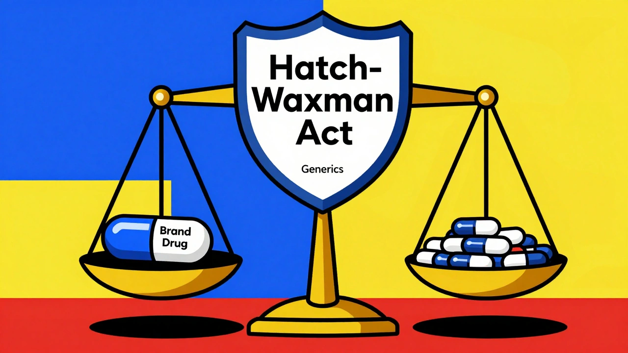 A balance scale with a brand drug on one side and many generics on the other.