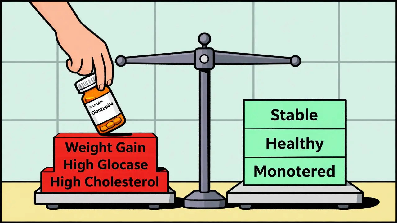 A clinical scale contrasting high-risk and low-risk antipsychotics through geometric weight blocks in De Stijl style.