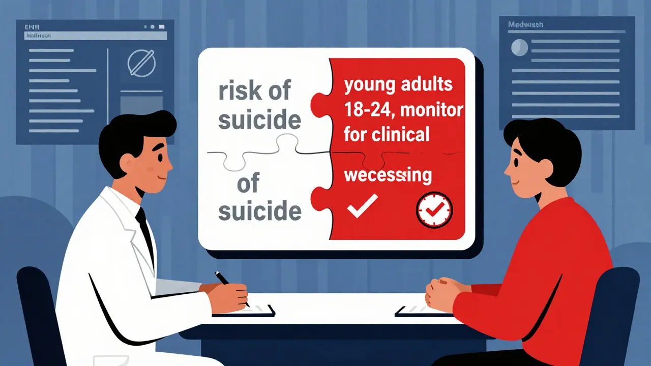 A doctor and patient facing a transforming boxed warning from vague to precise language, with data streams in background.