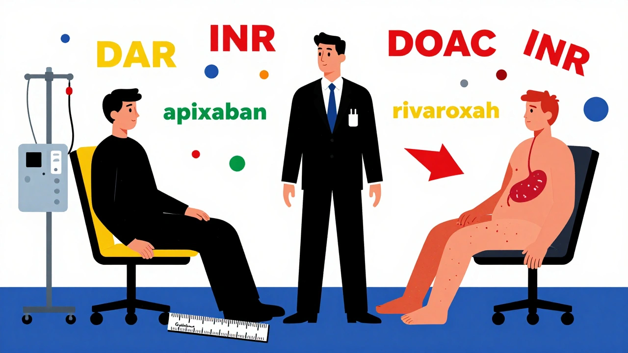 A doctor between two patients with organ disease, surrounded by floating drug names and broken guidelines, all in De Stijl abstract style.