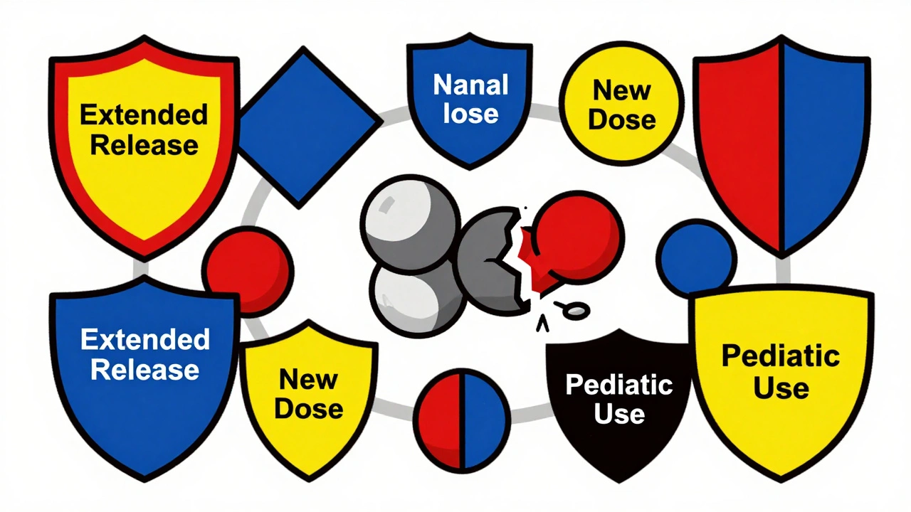 A drug molecule surrounded by overlapping patent shields, one broken by a generic pill.