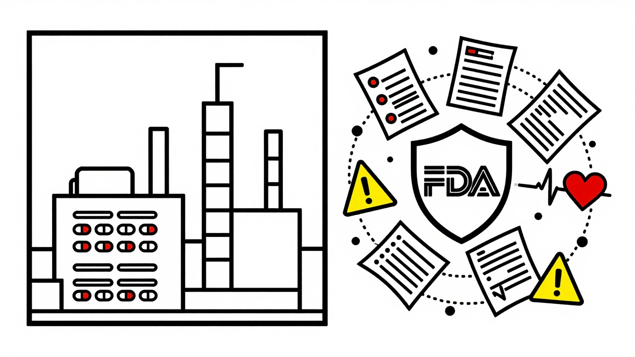 A factory producing pills beside a storm of patient reports connected by black lines.