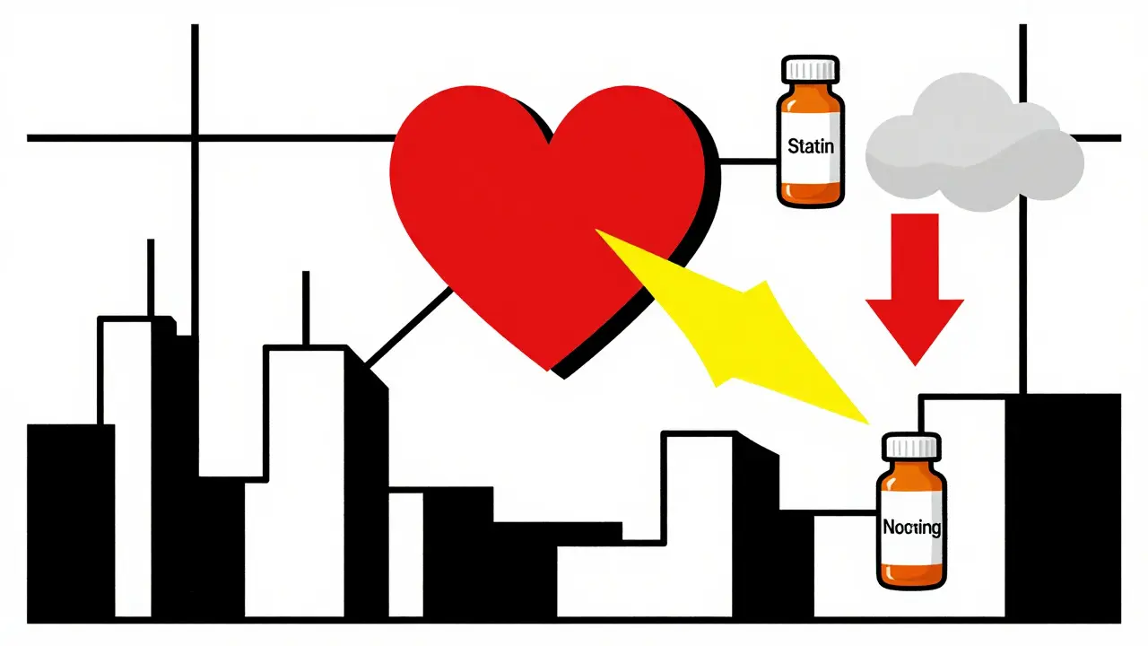 A red heart connected to three pill bottles by lines, with an arrow pointing to the empty bottle in De Stijl style.