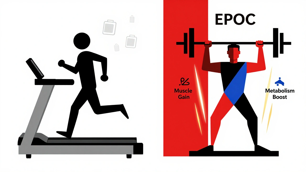 Abstract comparison: jogging figure with fading calories vs. lifting figure with energy rays, symbolizing metabolism boost.