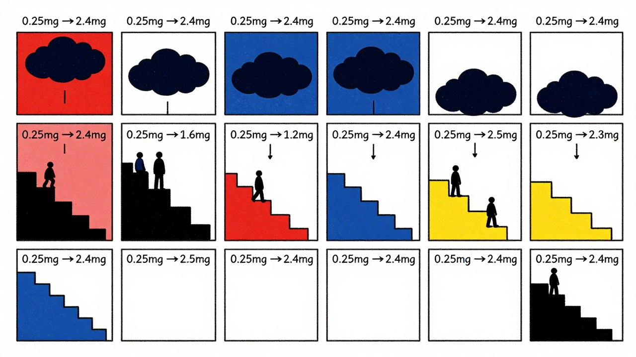 Calendar grid shows weekly dose steps as colored blocks on a climbing ladder.