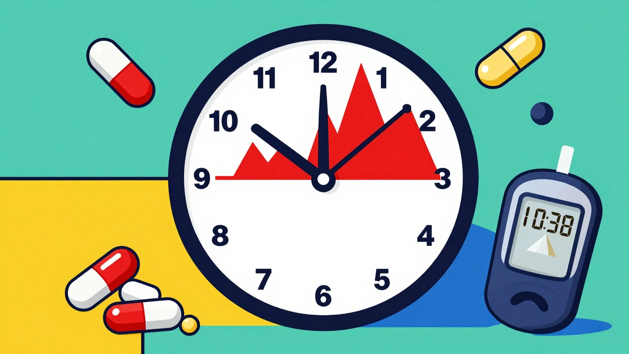 Clock with morning glucose spike and steroid pills in primary colors and grid lines.