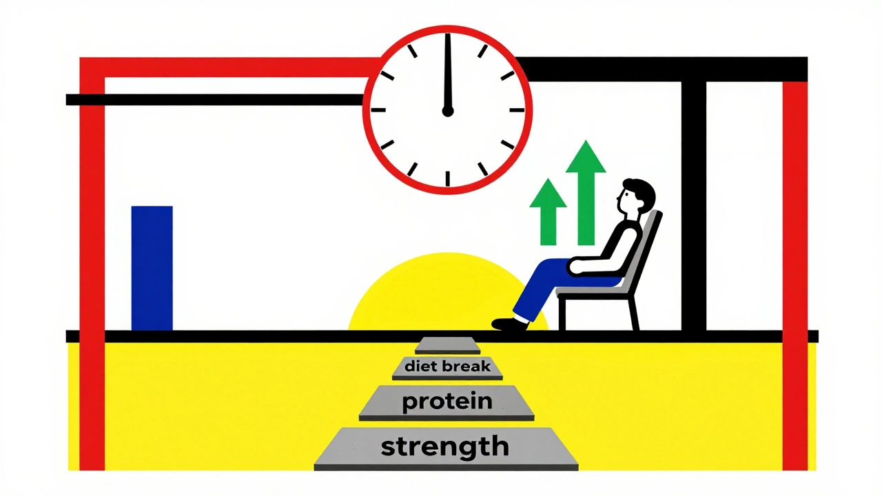 Clock with red-black rectangles above a relaxed person, upward arrows show metabolic reset