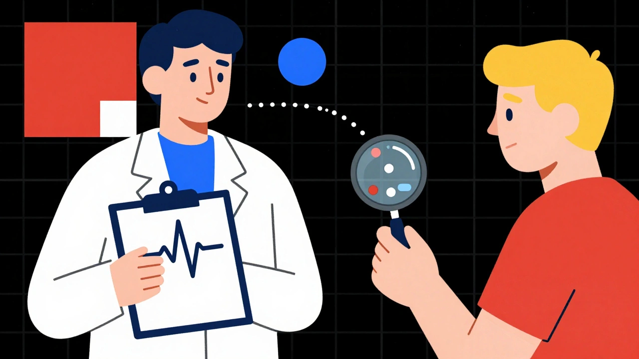 Doctor and patient with pill bottle revealing absorption differences, illustrated in De Stijl style with grid background and abstract medical icons.
