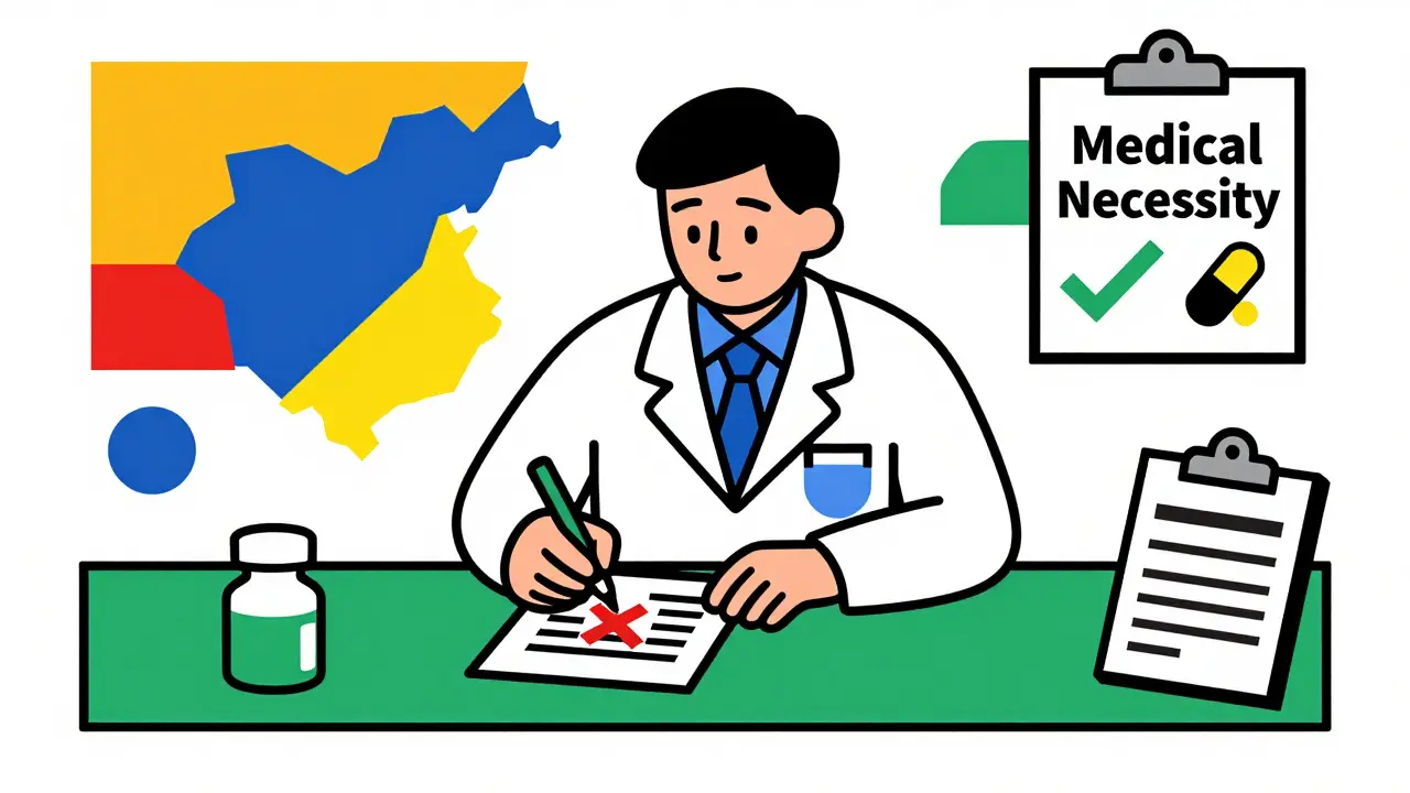 Doctor crosses out brand-name drug with FDA-approved generic icon in abstract De Stijl composition.