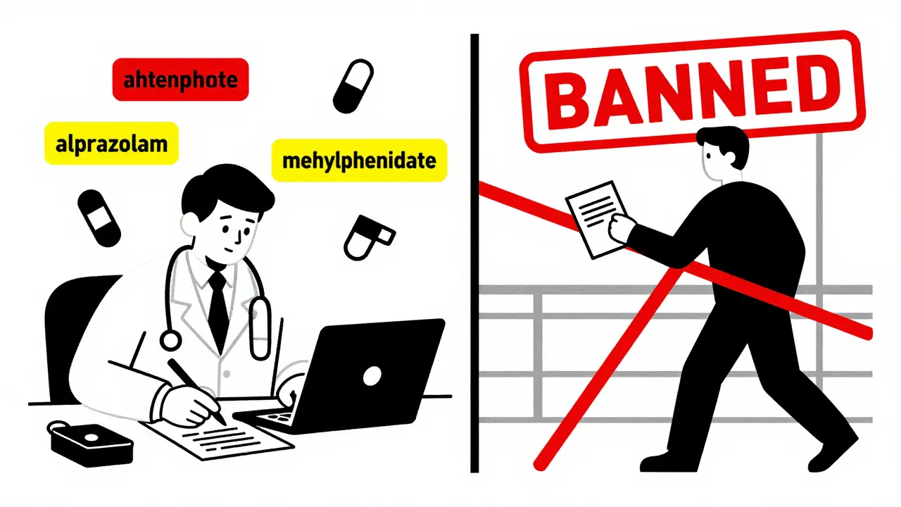 Doctor writing a letter with generic drug names while traveler is blocked by an abstract customs officer in a grid-lined airport.