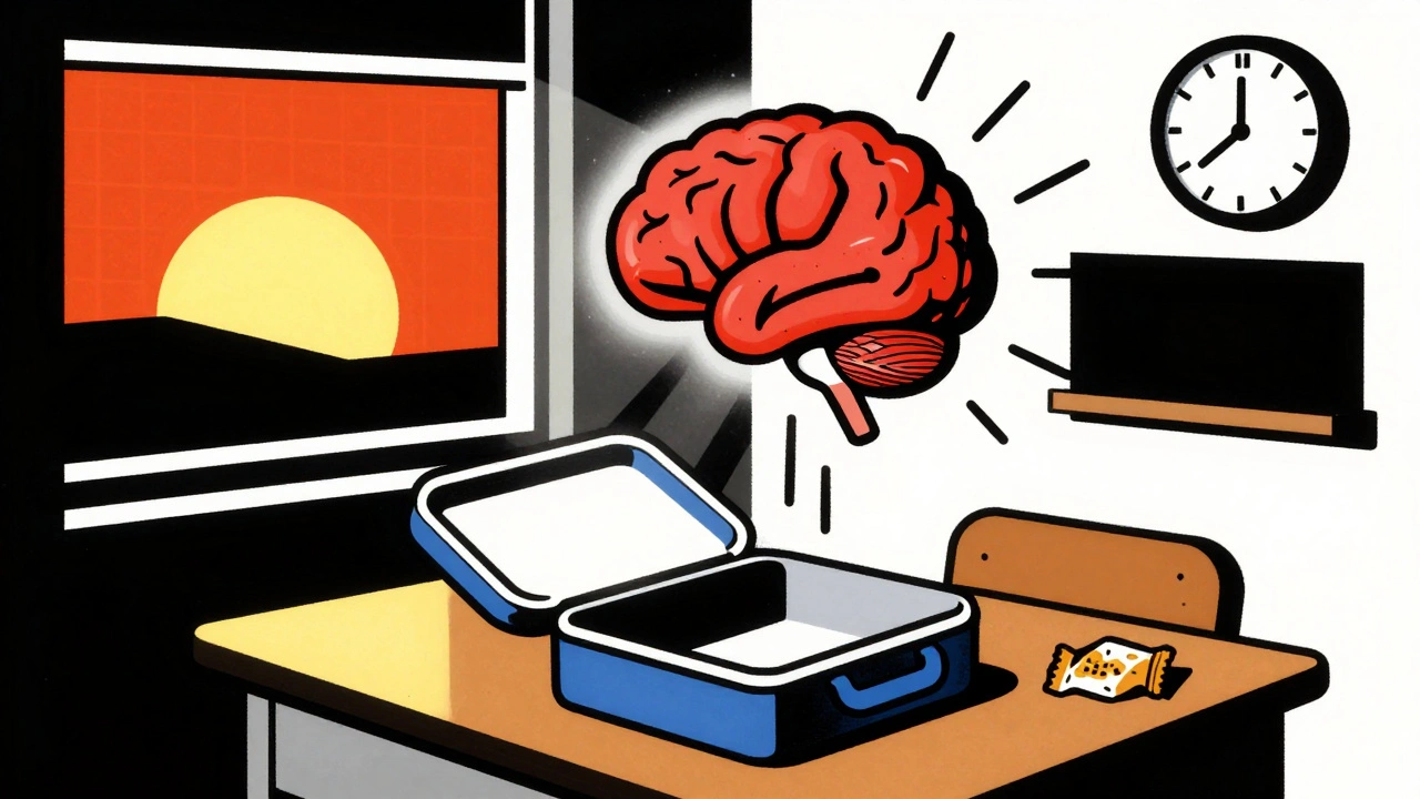 Empty lunchbox at school under fluorescent light, with abstract brain suppressing appetite in bold red and black shapes.