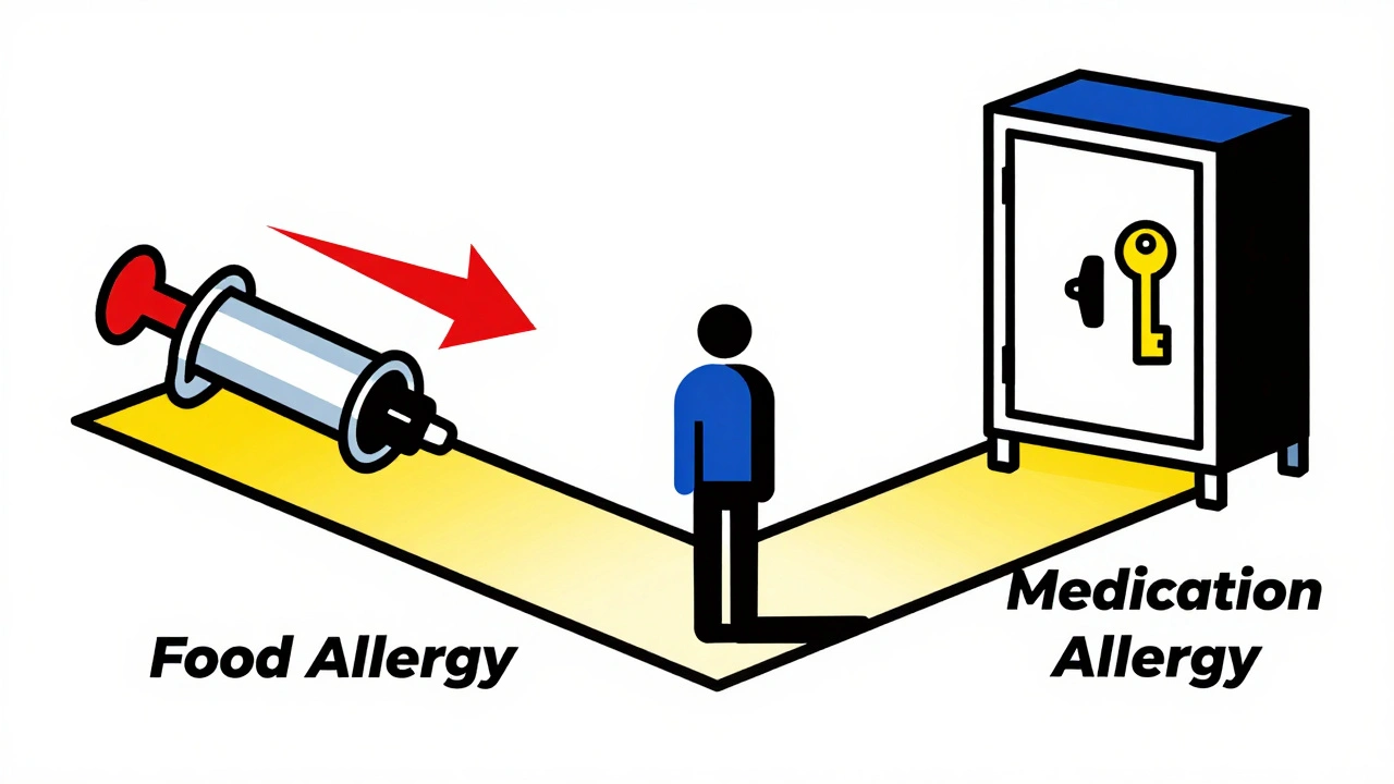 Figure choosing between food allergy and medication allergy paths with abstract symbols