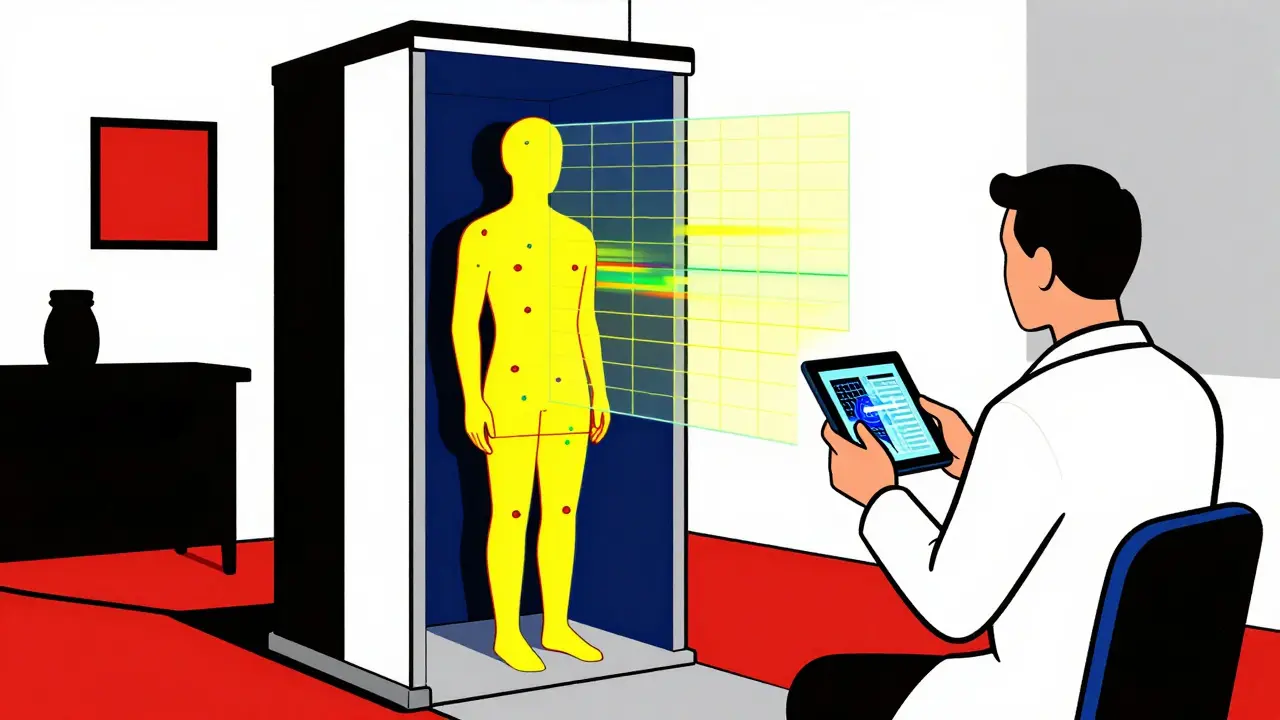 Full-body scanner projecting heatmaps and grids over a simplified human figure