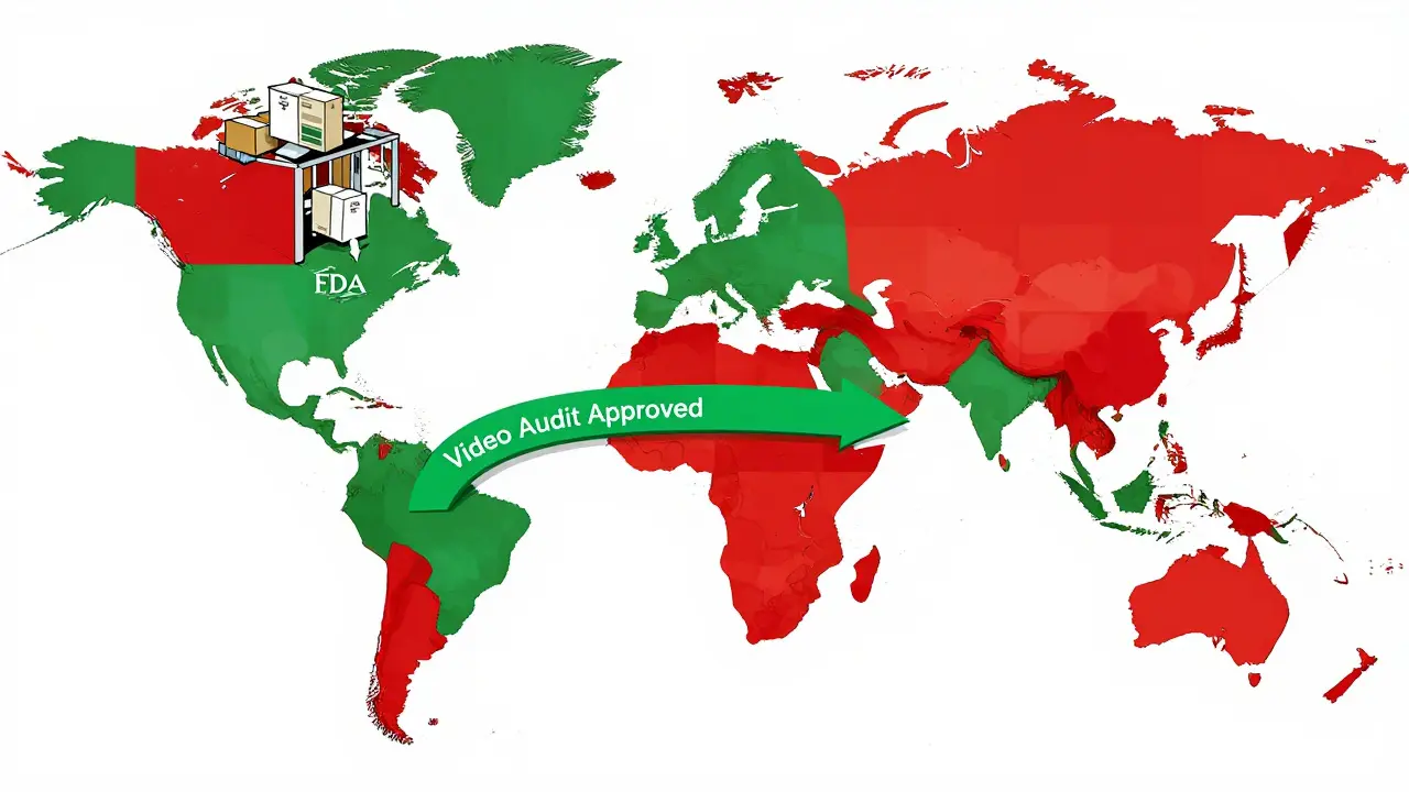 Global map of drug supply chains with red, green, and yellow blocks converging on an FDA gate in De Stijl style.