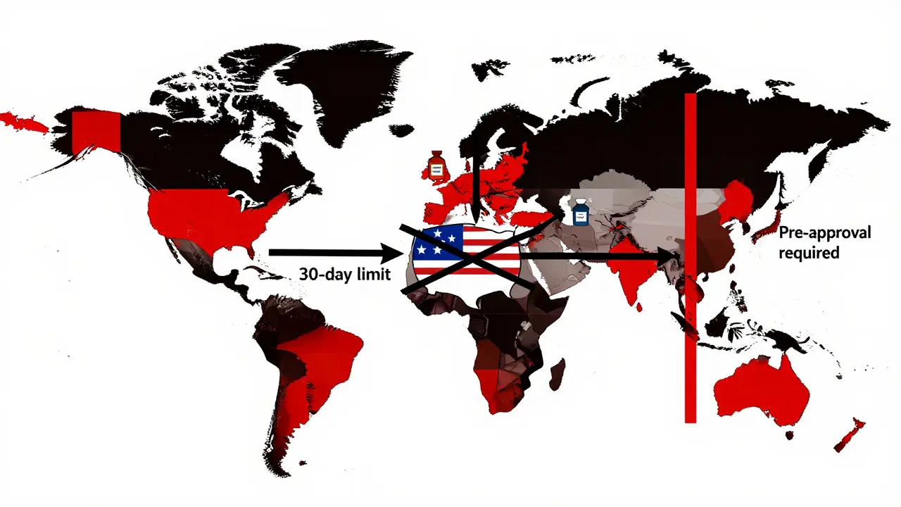 Global map with colored blocks showing countries restricting medications, arrows and barriers in De Stijl geometric style.