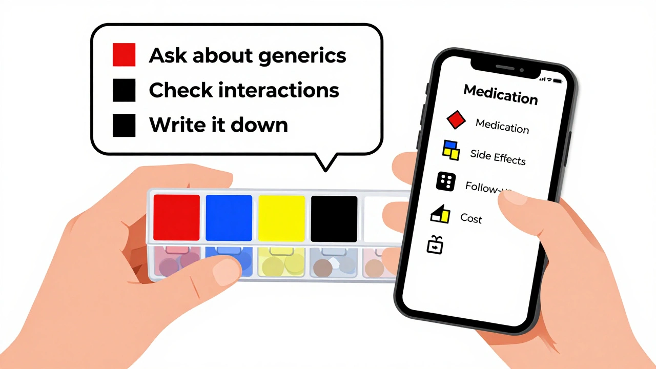 Hand holding pill organizer with color-coded compartments and a minimalist app interface nearby.