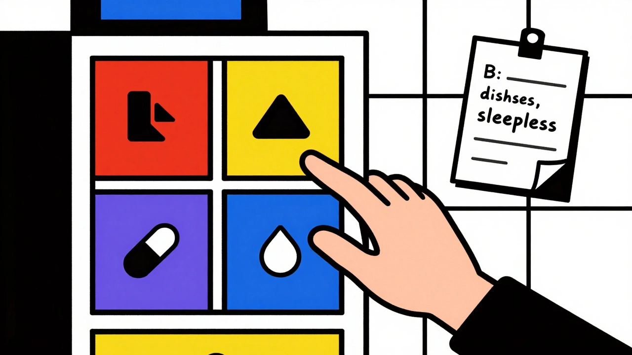 Locked medicine cabinet with labeled compartments and alarm showing pill reminder in abstract style.
