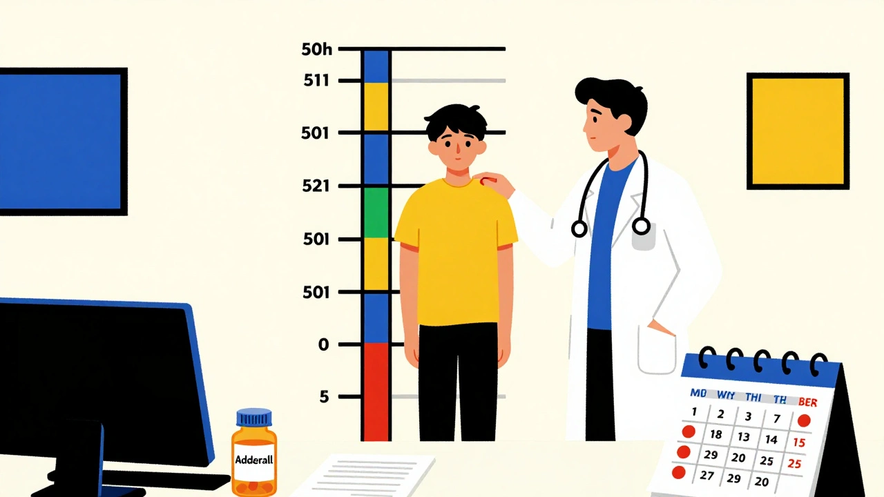 Parent and teen beside a minimalist growth chart in a doctor&#039;s office, with medication bottle and calendar visible.