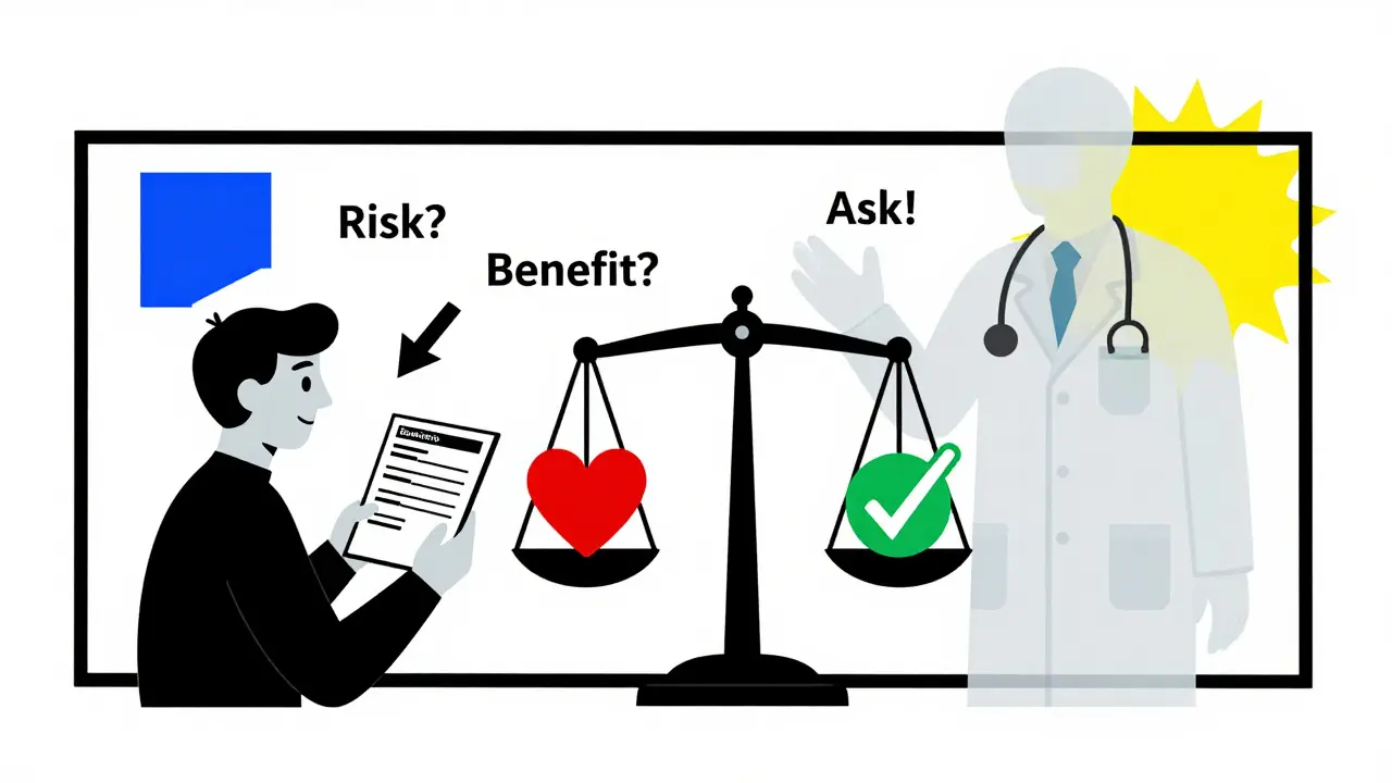 Patient holds drug insert with black warning box as abstract doctor fades away, with arrows pointing to risk-benefit scale.