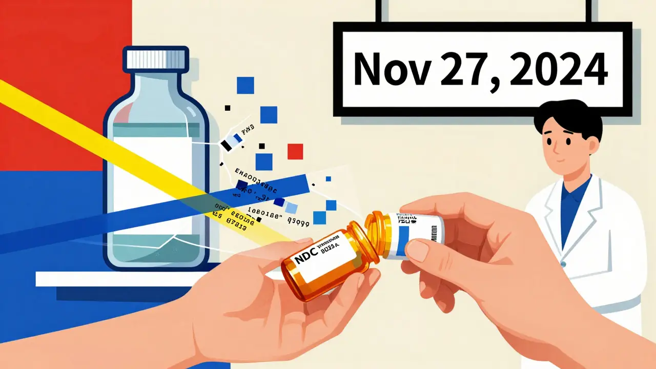 Patient receives pill bottle with digital data overlay; counterfeit bottle dissolving into pixels.